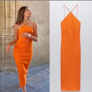 Zara Orange Ribbed Halter Neck Midi dress NWT - size S